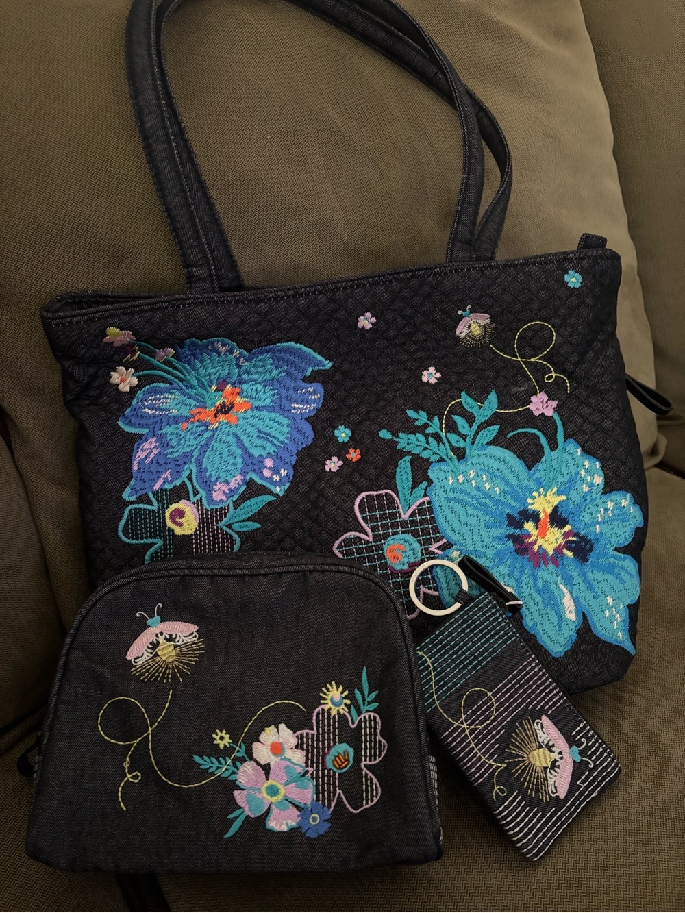 Vera Bradley Denim Floral Quilted Tote with Matching Accessories